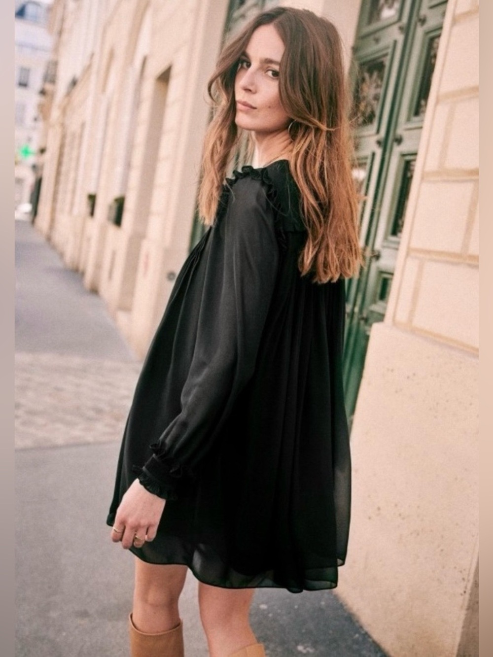 Sezane Black Pleated Long-Sleeve Mini Dress Size 36